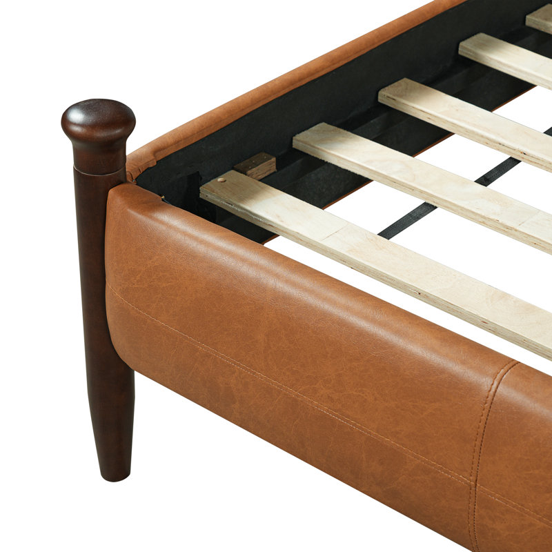 Hawthorne Vintage PU Leather Upholstered Platform Bed with Tufted Headboard and Solid Wood Legs, Queen
