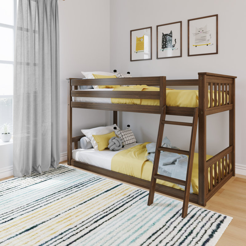 Johann 42.5" W Solid Wood Twin Over Twin Bunk Bed with Built-In Ladder, Walnut