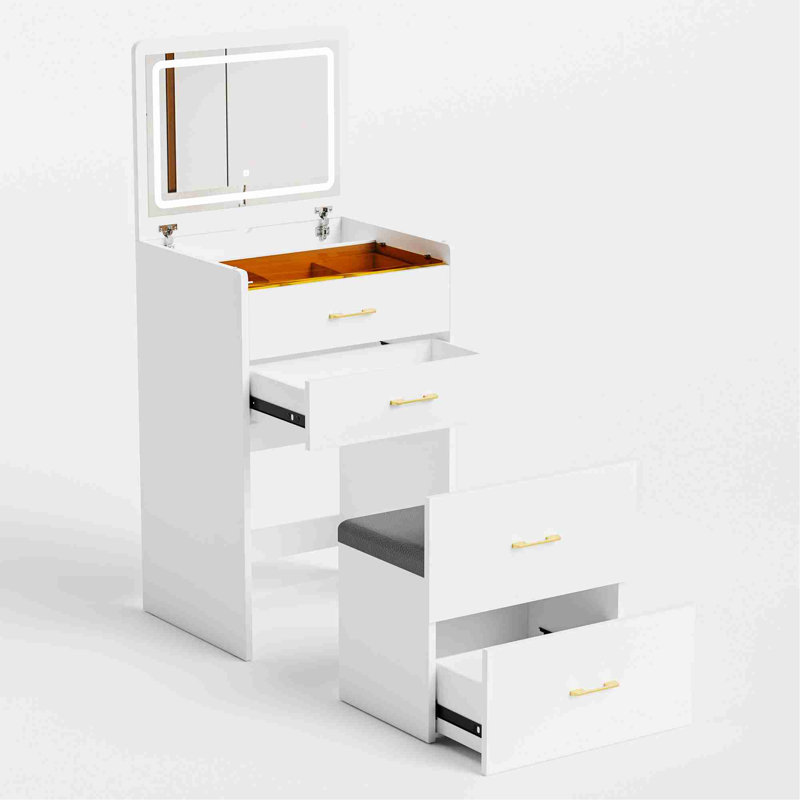 Vanity Desk with Open Top Mirror, Makeup Vanity with 3 Drawers and 1 Stool, Dressing Table for Bedroom