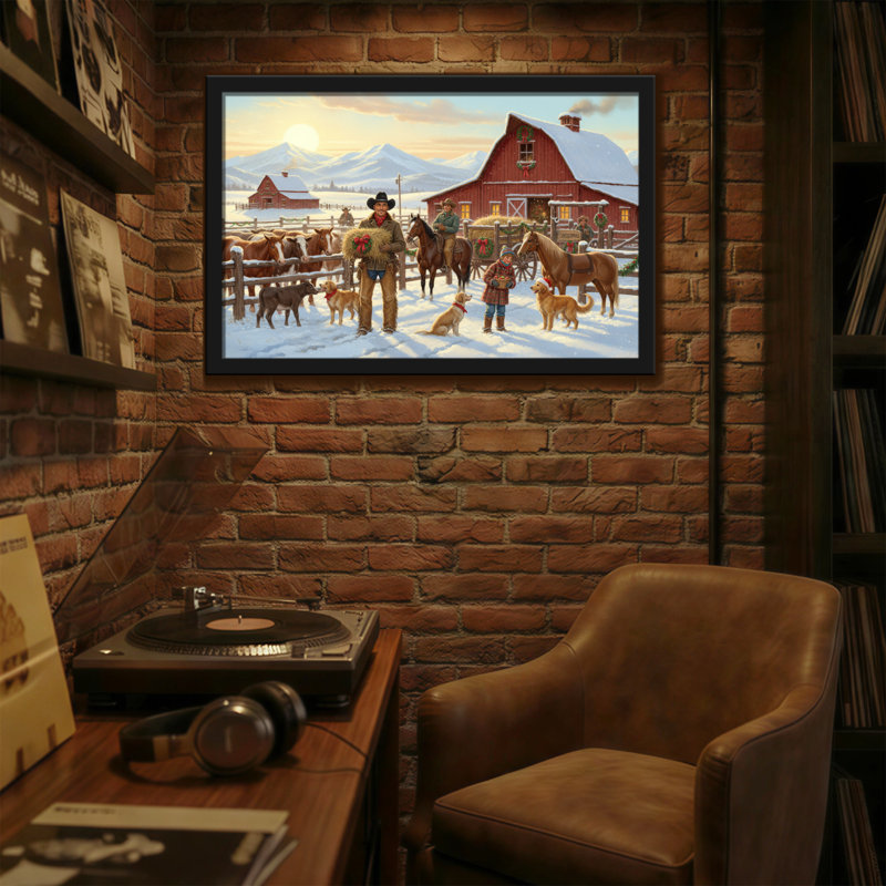 Scène de ferme de Noël avec cowboys et animaux, H 24 po x l 36 po