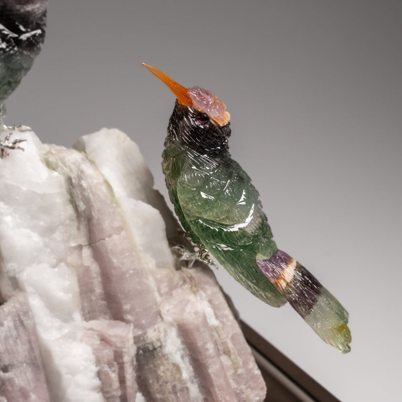 Genuine Hand Carved Fluorite Hummingbirds On A Watermelon Tourmaline In Quartz Matrix (8"H)