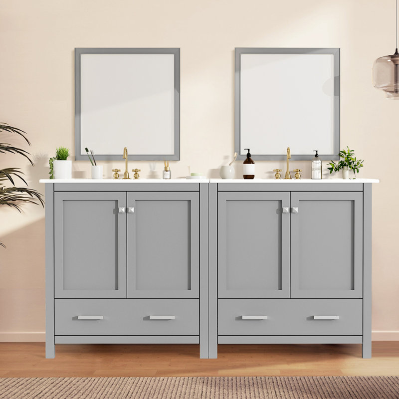 Ensemble de meuble-lavabo moderne 60 ", meuble-lavabo double séparé avec double lavabo en céramique (miroir non inclus), Gris