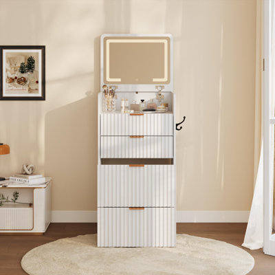 Meuble-lavabo moderne 3 en 1 avec 3 tiroirs - Miroir à plateau tournant avec lumières - Table de maquillage, port de charge, tabouret roulant - Couleur: blanc