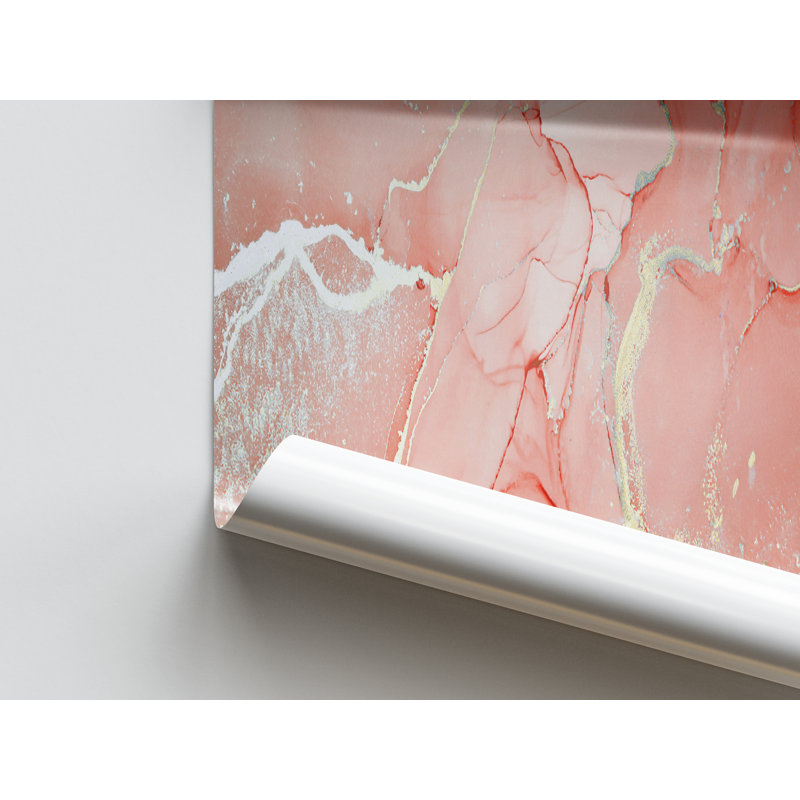 Luxury Coral and Marble Artwork - Shimmering Alcohol Ink Wall Poster on Canvas, 20 cm H x 30 cm W, Black Floater Framed