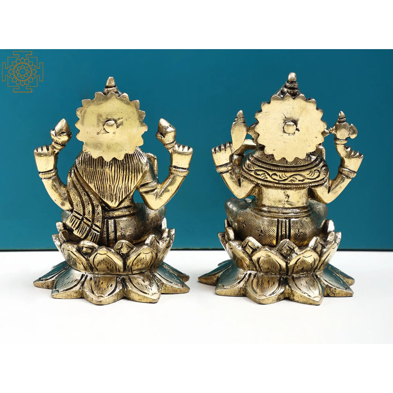 Statue de Lakshmi Ganesha de 4 po en laiton assis sur une statue de lotus - Idole de bon augure artisanale pour la richesse et la sagesse