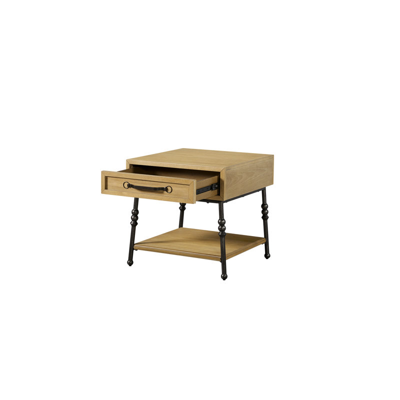 Table d'appoint, pieds en métal, finition noix de cajou, placage, un tiroir, tablette inférieure ouverte, beige, bois massif + , profondeur, largeur, poids Table finie avec tiroir et beige 25,29 po 24,21 po 53,33 lb