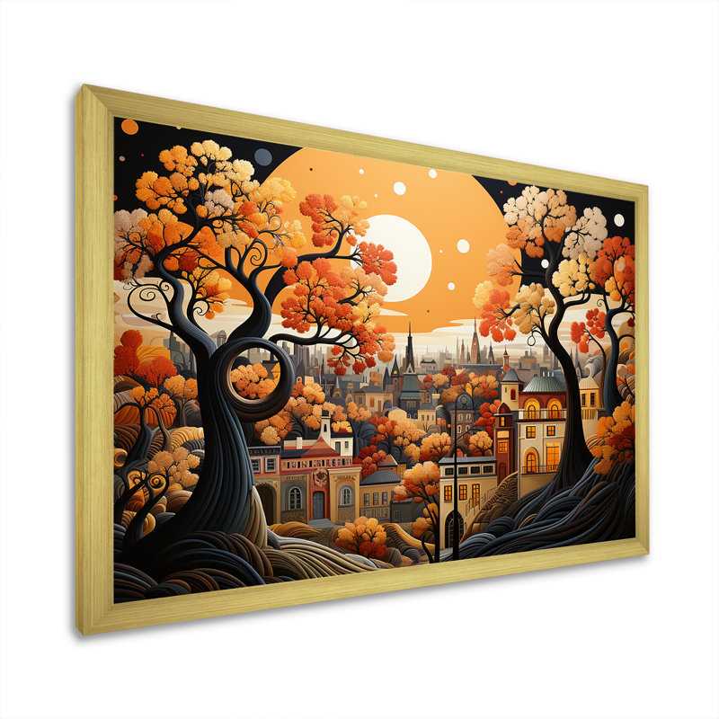 Cozy village in Autumn Moonlit V - Art mural Art déco de la ville, H 24 po x l 32 po x P 1 po, Cadre doré à coins fermés