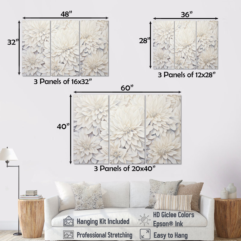 Ensemble de salon avec art mural blanc Dahlia, Toile tendue, H 28 po x l 36 po x P 1 po
