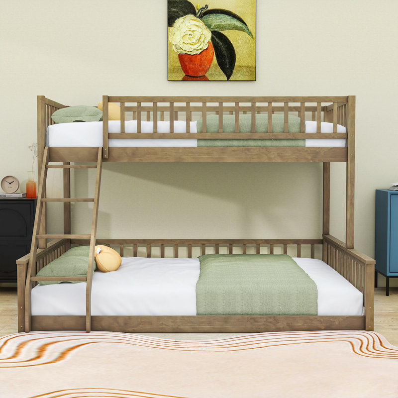 Twin XL Over Queen Wood Bunk Bed With Ladder & Guardrails, Detachable Design, Walnut