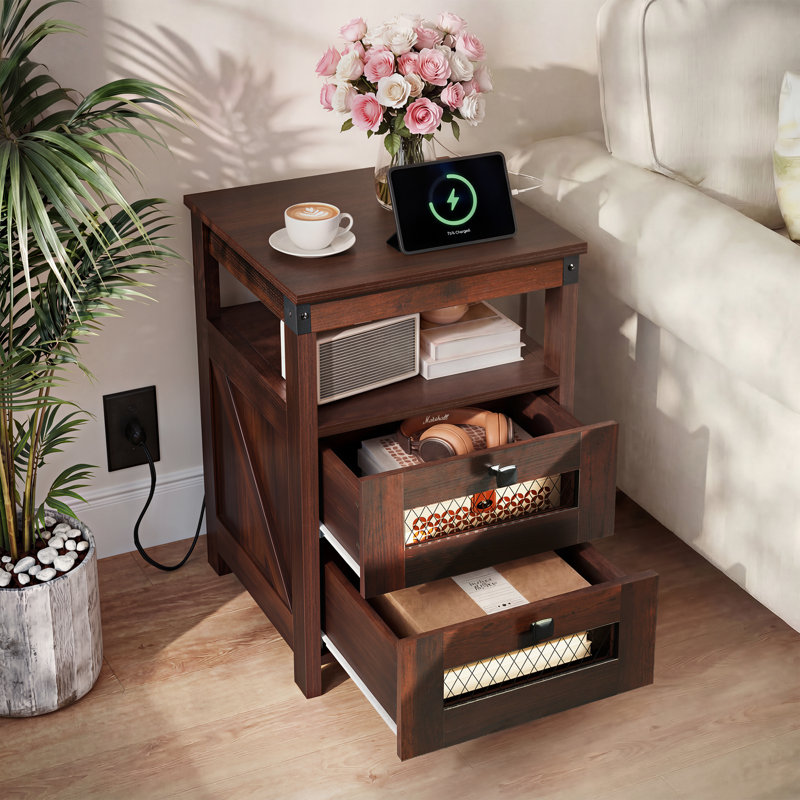 Table de chevet Gracie Oaks avec charge, prises USB et CA, table de chevet étroite rustique avec 2 tiroirs, table de chevet avec compartiment ouvert pour le salon, chambre à coucher