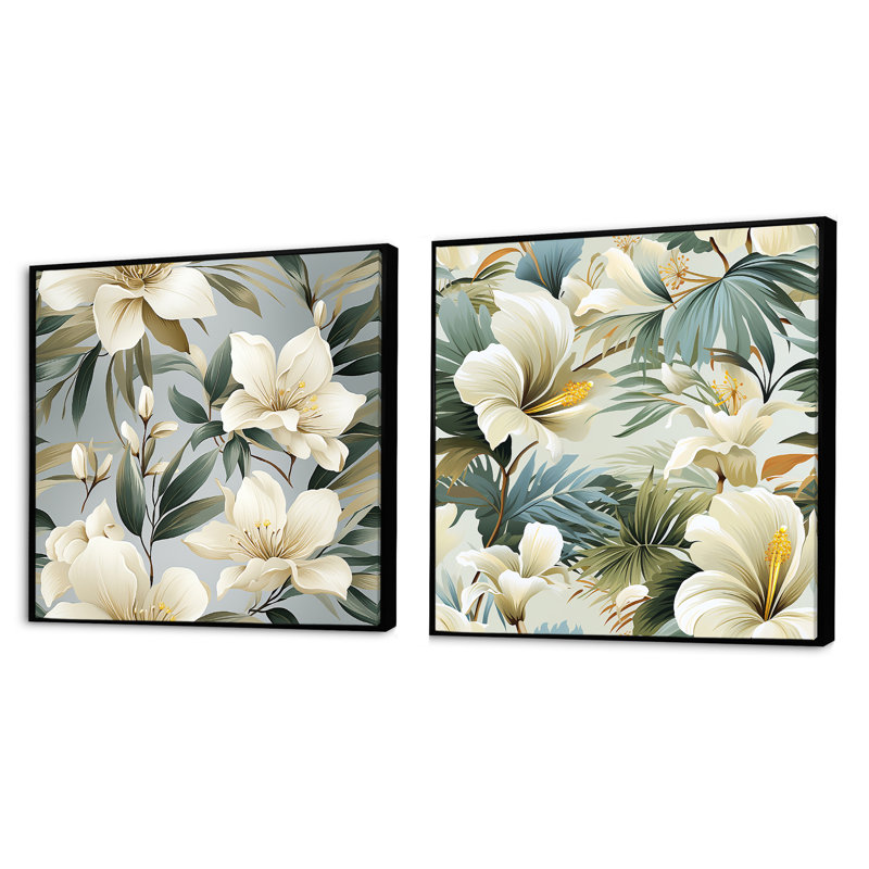 Natural Tranquility - motif tropical - ensemble de 2 collages floraux carrés, Cadre flottant noir, H 16 po x l 33 po