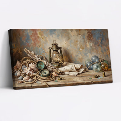 Art mural sur toile lanterne en laiton et coquillages avec corde et bouées