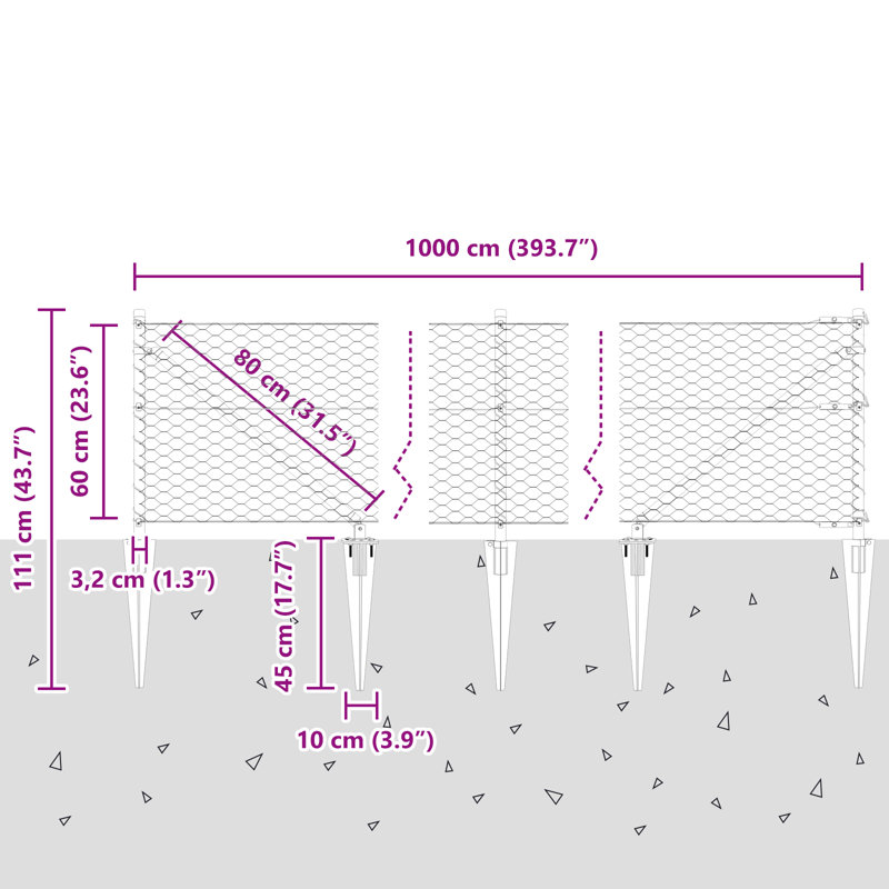 Vidaxl Hexagon Fence Grey Steel, 60cm H x 1000cm W