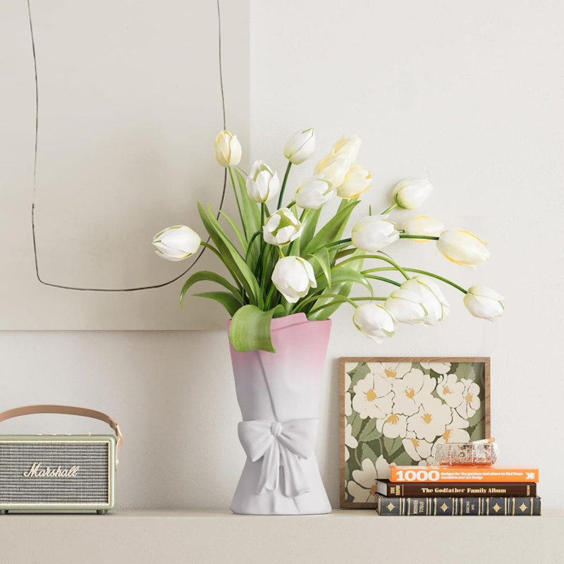 Vase en céramique en forme d'arc rosé et blanc (9,64 po)