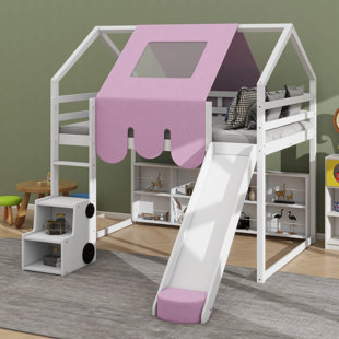Lit mezzanine en bois avec cadre en forme de maison et auvent de style tente