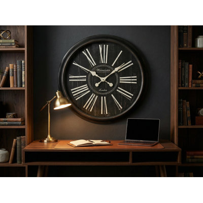 Westminster Clock Company 24 Inch Farmhouse Wall Clock, Distressed Woodgrain, Silent Quartz, Roman Numerals, Large Decorative Clock for Kitchen Living Room, Brushed Black