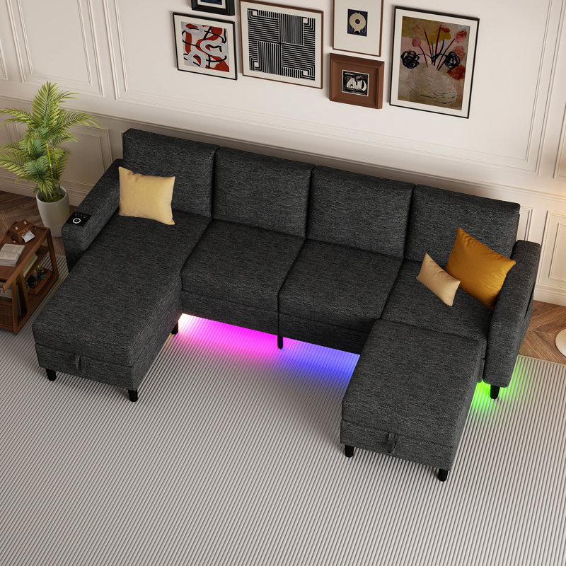 109" Sectional Couches For Living Room, 4 Seat Sectional Sofa With Rgb Light/Wireless Charging/Usb/Type-C, Gray