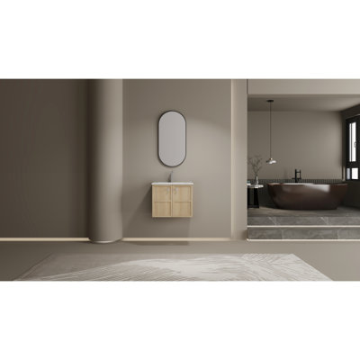 24" Bathroom Vanity With Ceramic Basin, Plywood Construction, Oak Color, 2-Soft Closing Doors, Modern Charm Sink Vanity, Plywood, Sink, Magnetism