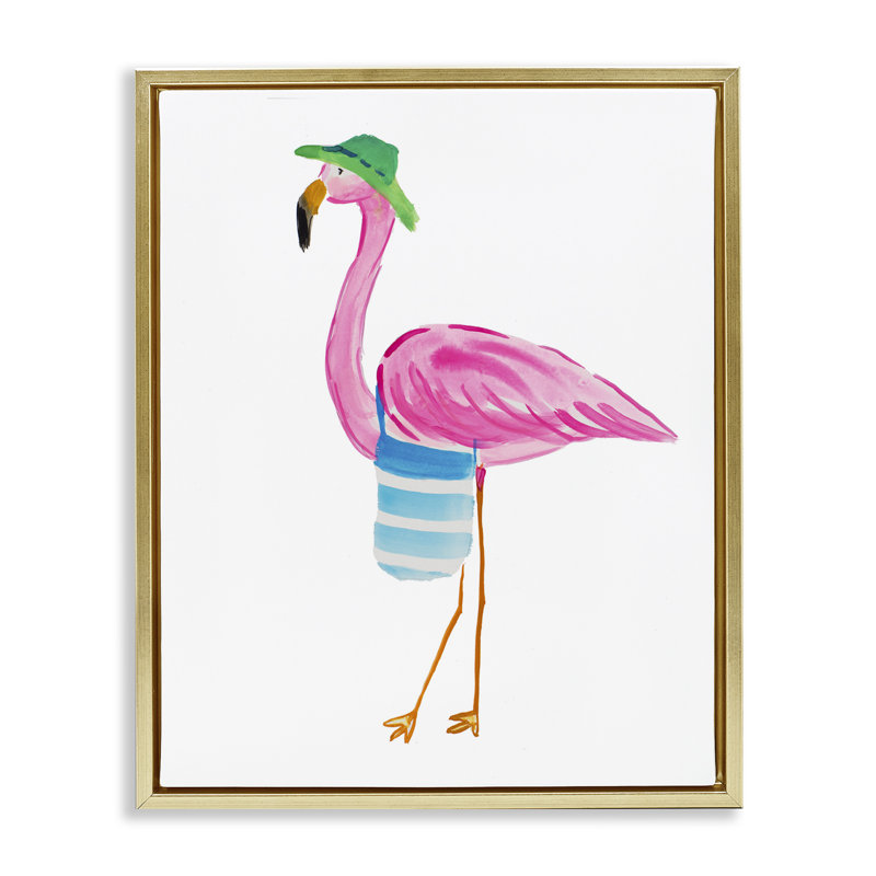 «Flamingo with Beach Tote» par Julie DeRice, H 31 po x l 25 po, Cadre flottant métallique doré