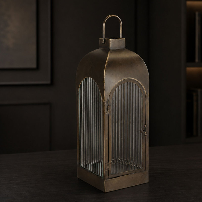 Arched Iron and Ribbed Glass Lantern, 7.25"SQX22"H