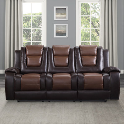 Chantasia 85.5" Transitional Faux Leather Manual Reclining Sofa with Integrated Center Drop-Down Cup Holders