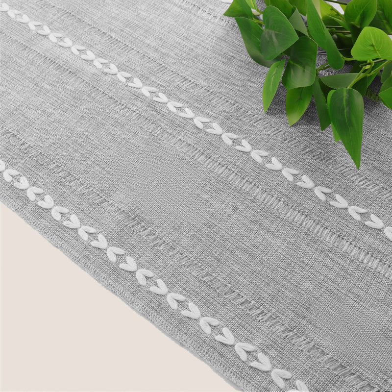 Chemin de table rayé en coton mélangé avec broderies ajourées, Gris, Rectangle 94 po