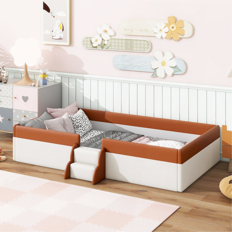 Twin Size Upholstered  Daybed Frame With Fence And Stairs,(BROWN+WHITE), Twin