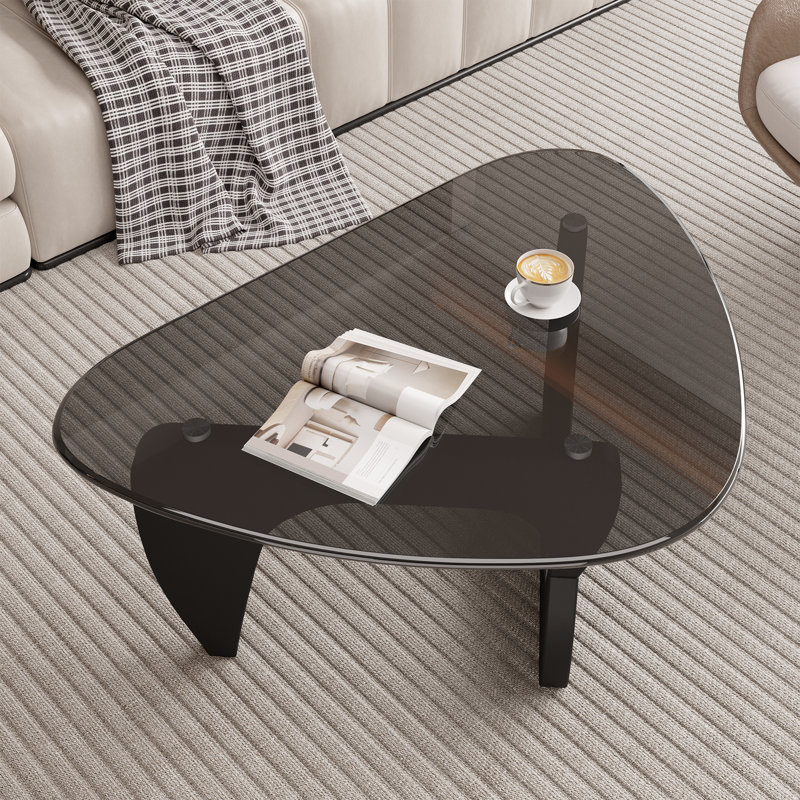 Table basse moderne triangulaire, plateau en verre trempé et base en bois courbé pour le salon, Black, Gray Glass