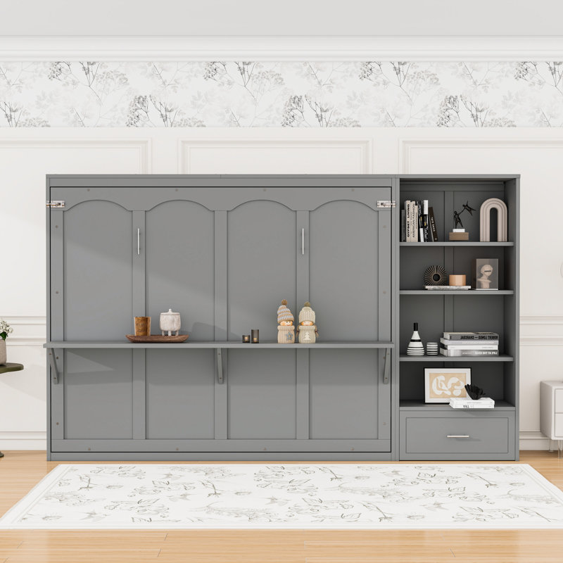 Queen Wood 1 Drawer Murphy Bed with Shelves, Grey