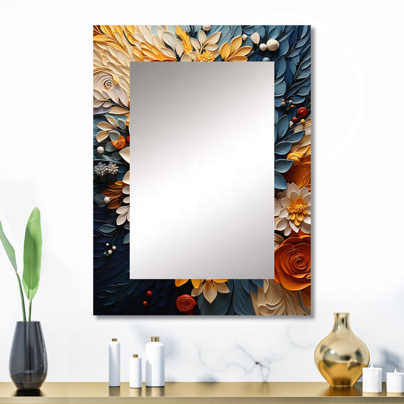 Orange et bleu sarcelle botanique tourbillon IV - miroir mural décoratif botanique, miroir moderne, impression d'art en métal
