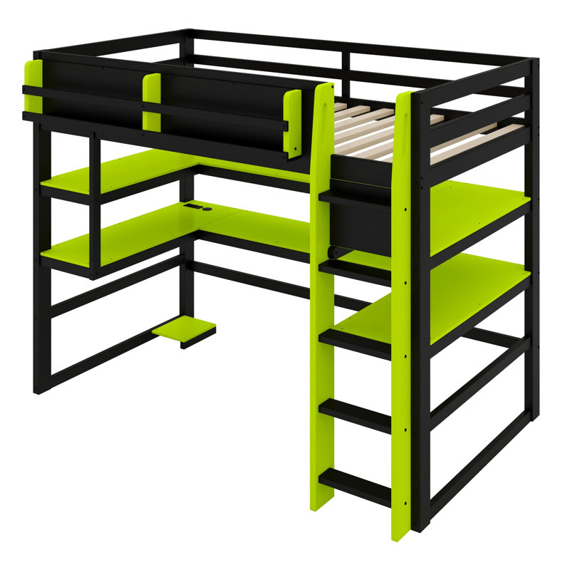 Lit mezzanine avec bureau, support de rangement latéral et tablettes multiples, Vert