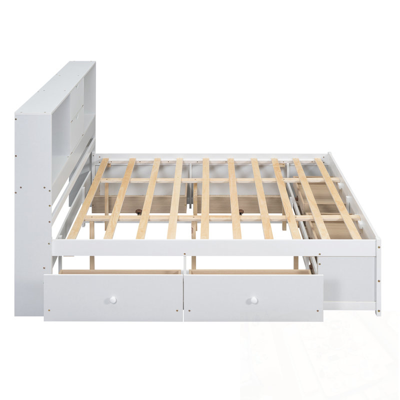 Lit plateforme très grand avec tête de lit de rangement et 8 tiroirs, Blanc