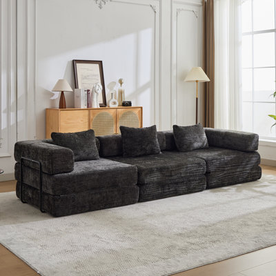 Canapé à compression, canapé-lit à plancher convertible avec structure de forme fixe, canapé modulaire désossé sans causeuse, sans assemblage requis, tissu chenille, pour chambre de salon, bleu foncé