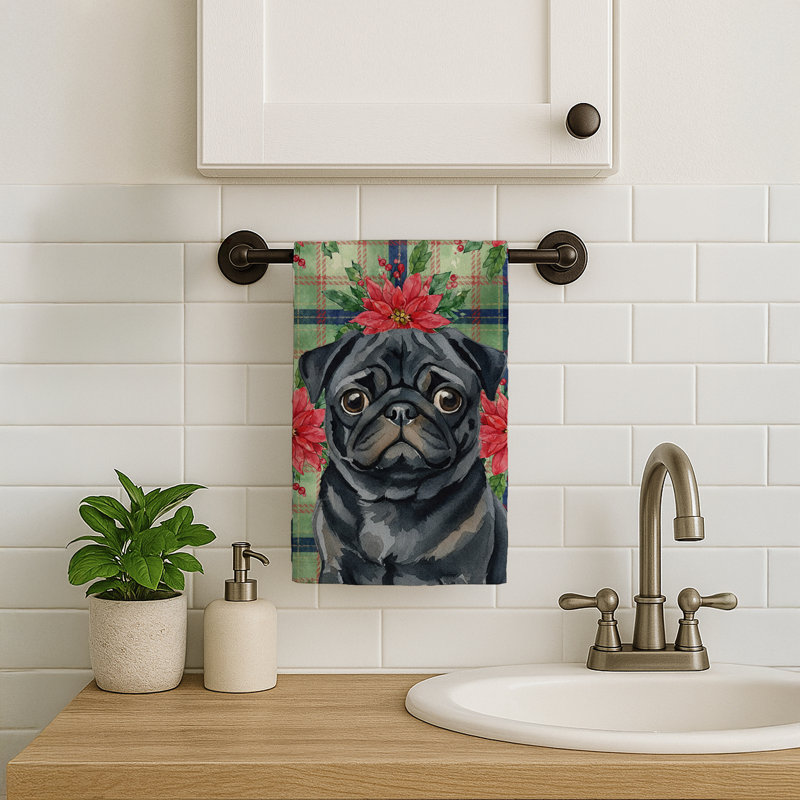 Black Pug Christmas PoinsettIas Kitchen Towel, Black Pug