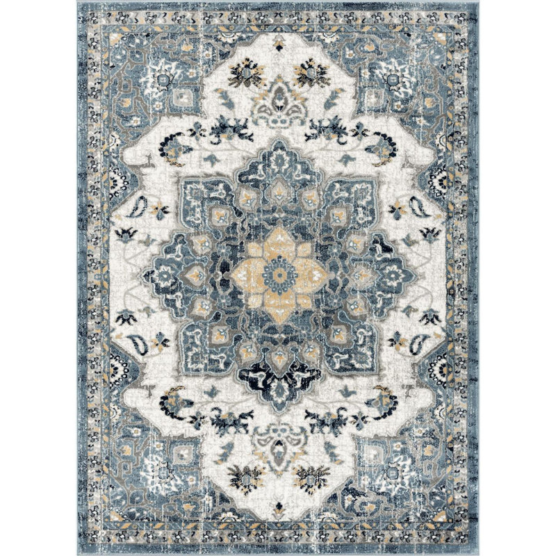 Tapis floral bleu en polypropylène tissé à la machine, Rectangle 6 pi x 9 pi