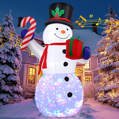Bonhomme de neige musical éclairé à DEL de 8 pi GOOSH - lumières rotatives à 360 °, canne à sucre et boîte-cadeau