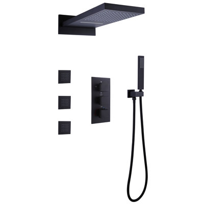 22.36*10.63" Thermostatic Shower System, Wall Mounted 4 Function Luxury Rainfall & Waterfall Shower Head with Handheld Spray and 3 Body Jets with Rough-in Valve