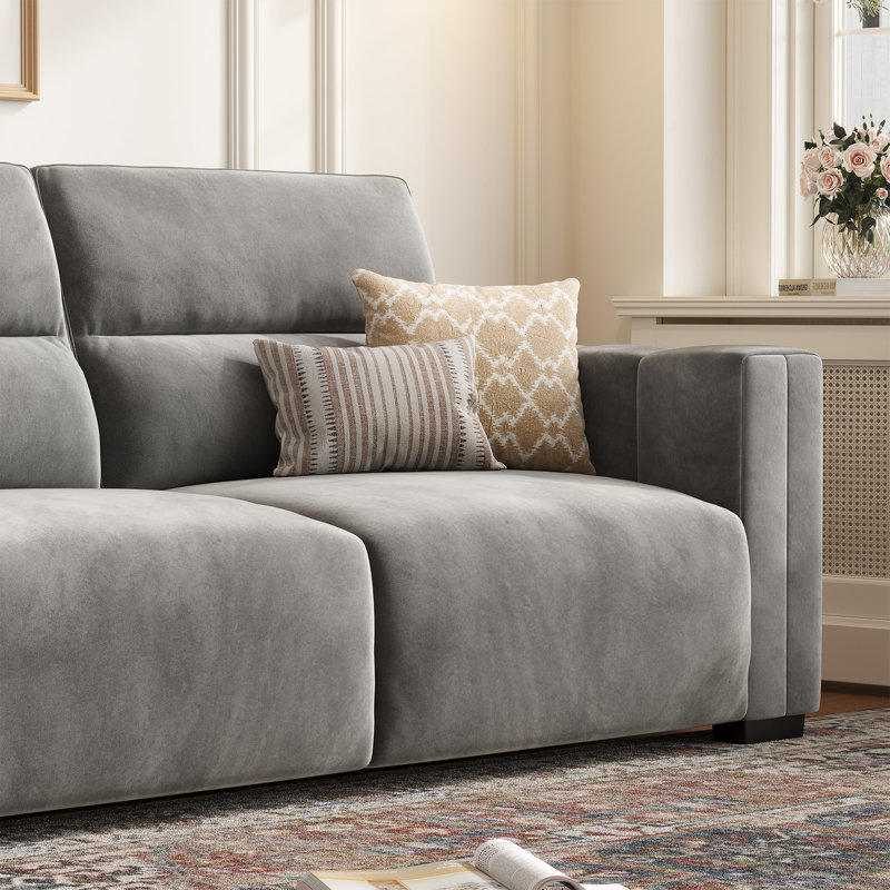 Canapé 82 po avec accoudoirs carrés en velours et canapé rembourré de qualité supérieure, Gris clair