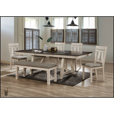 Ensemble de table de salle à manger extensible de style maison de campagne avec une finition bicolore gris craie, des chaises rembourrées, un banc et des feuilles de réfectoire autoportantes pour des sièges polyvalents