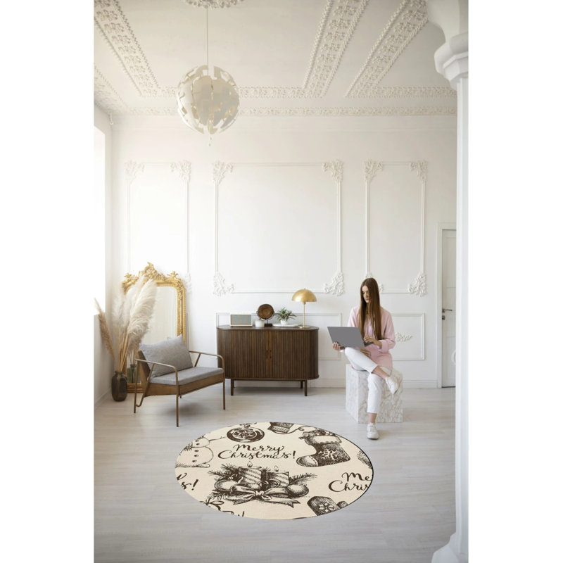 Gray Beige New Year's Themed Mixed Shape Ornamental Patterned Modern Woven Base Round Decorative Carpet, Round 3'4"
