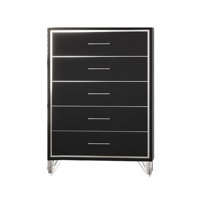 Commode haute Zoe, ébène moderne noir et argent, 5 tiroirs