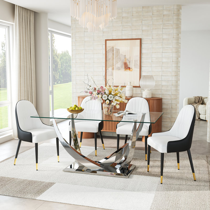 68.9" Rectangular Glass Dining Table Set, Tempered Glass Top, Polished Stainless Steel Crescent-Shaped Base, And Faux Leather Diamond-Back Chairs