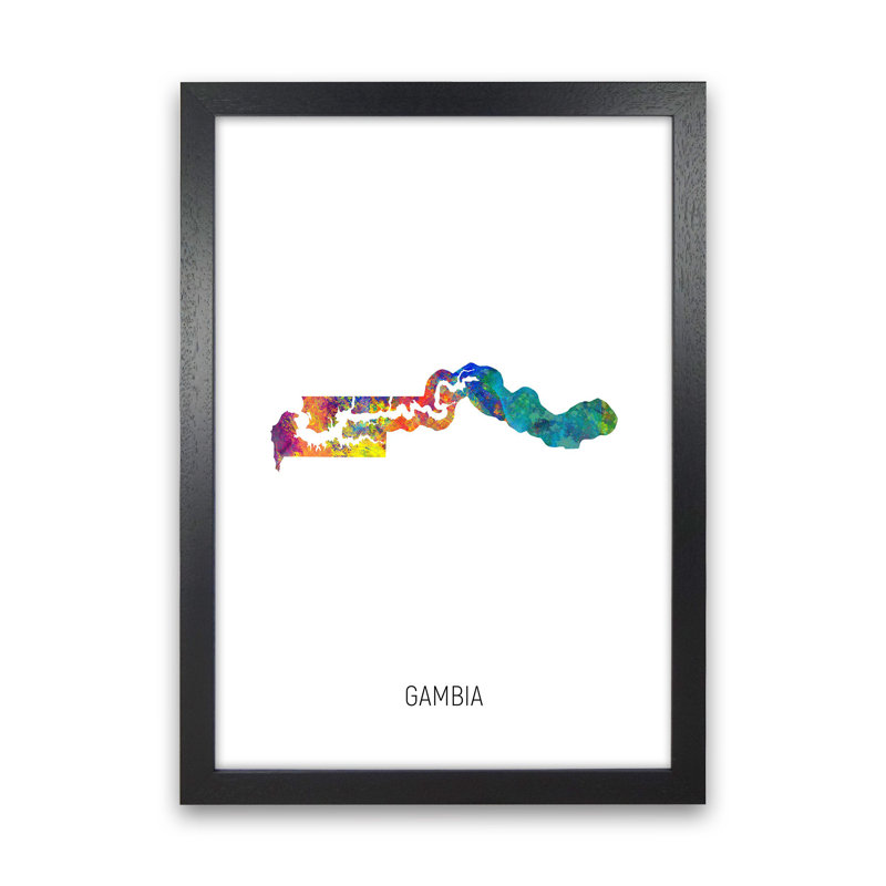 Gambia Watercolour Map by Michael Tompsett - Print, Black Framed, 88cm H x 64cm W x 3cm D