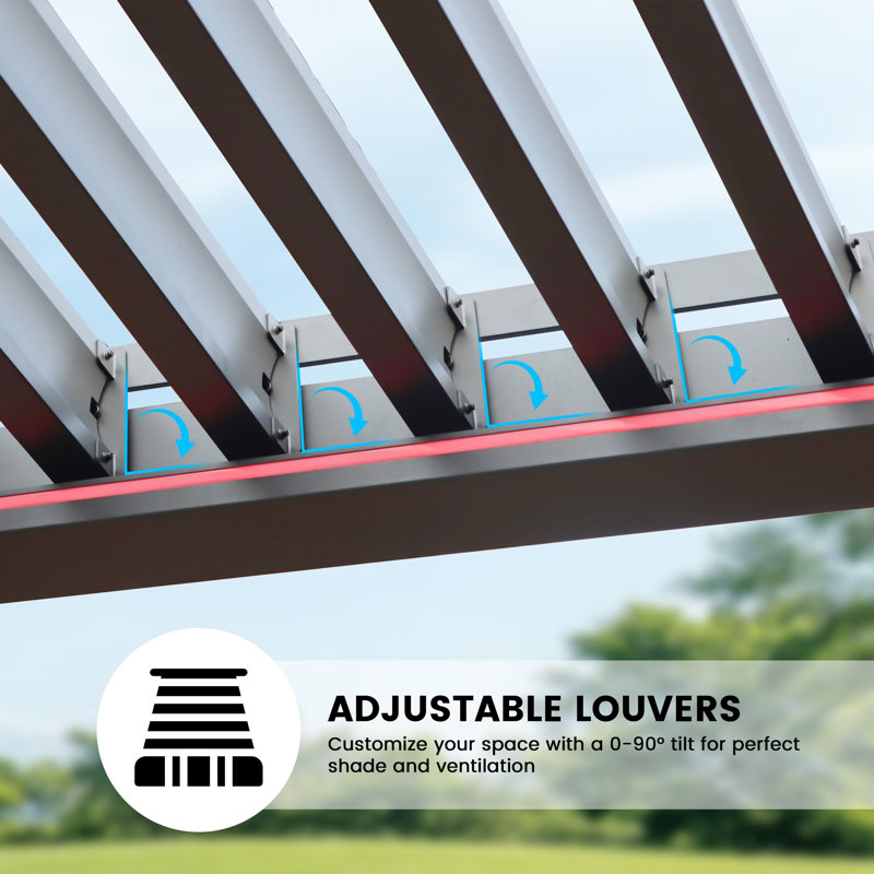Pergola motorisée à persiennes en aluminium avec lumières DEL intégrées, 10' x 20' 