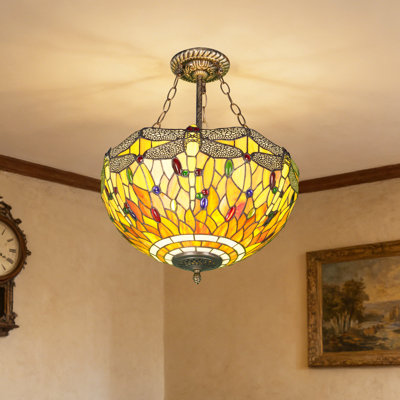 3 Light Victorian Style Red Dragonfly Design Stained Glass Hanging Pendant Ceiling Light