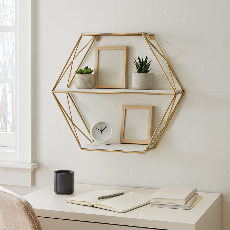 Decorative 3 Tier Wall Shlef Storage for Home Decor - Modern Hanging Wall Accent for Kitchen, Office, or Bedroom Decor - Gold