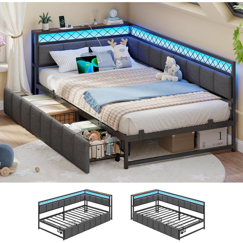 Bed Frame with Charging Station, Day Bed with 2 Storage Drawers & LED Lighting