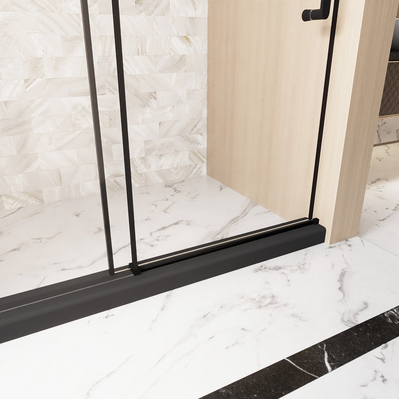 Single Sliding Shower Door, 1/4 " 6 Mm  Clear Tempered Glass 56 - 60 "W X 76" H, Stainless Steel Handle, Film, Square Tube Track, Matte Black For Bathroom Door In Black, Glass, Proof Track And Handle