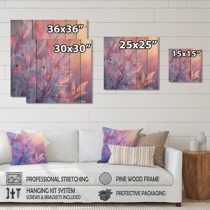 Coucher de soleil, feuilles de saule I - impression sur bois de feuilles - sur bois de pin naturel