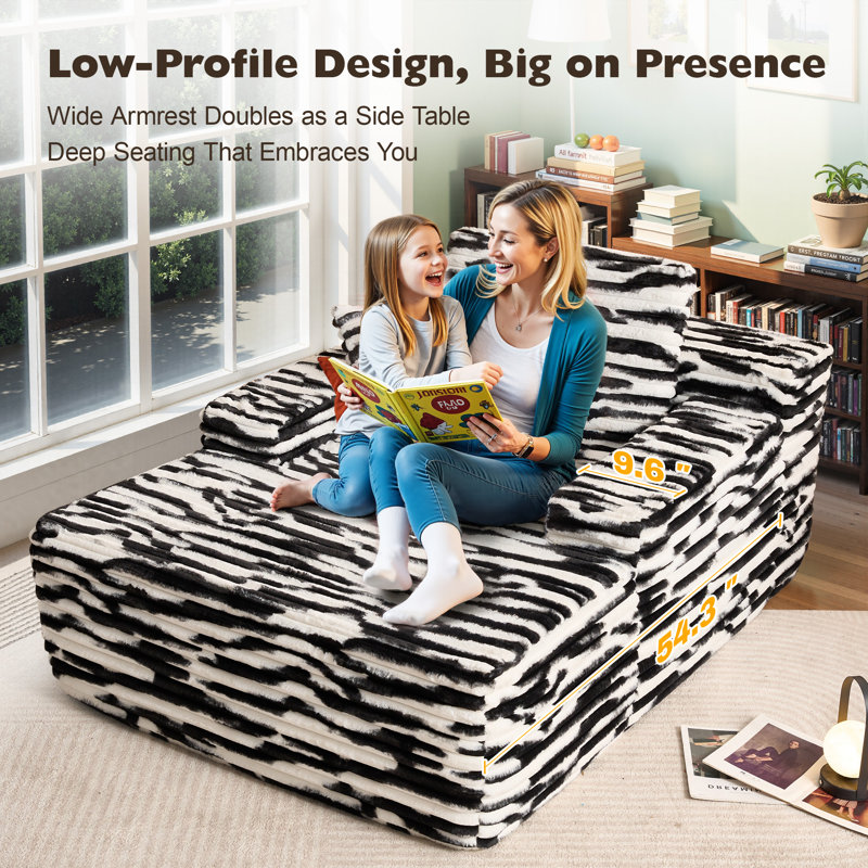 Compression Packed Cloudelle Oversized Plush Corduroy Chaise Lounge Chair, White/Black Faux Fur